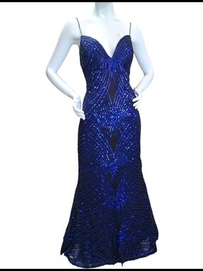 🏷️ NWT  -  Sequined Royal Blue Spaghetti-Strap Column Mermaide Prom Gown Sz L